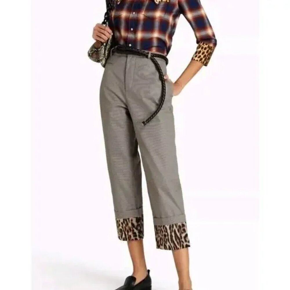 R13 Gray Cropped Trousers with Leopard Cuff